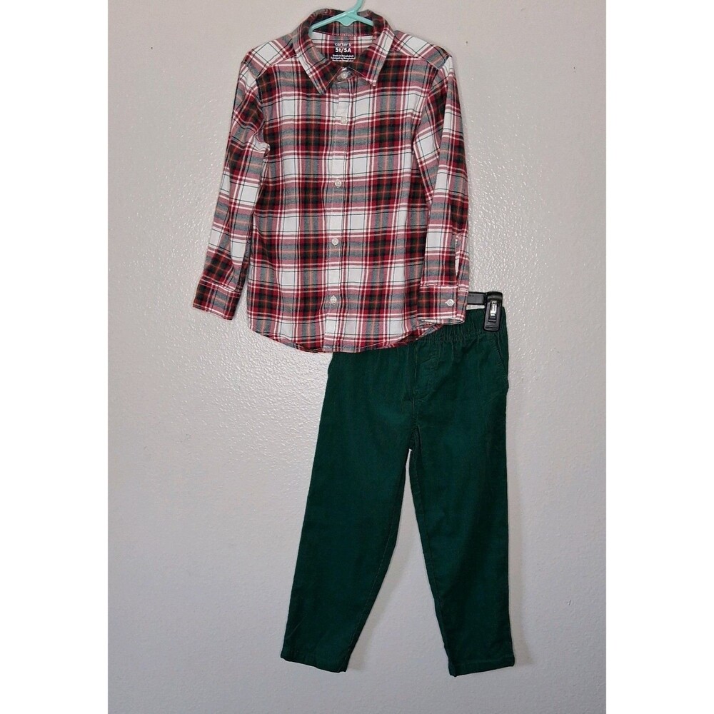 Carters Toddler Boys 2 Piece Set Plaid Flannel Shirt and Green Pants 5T